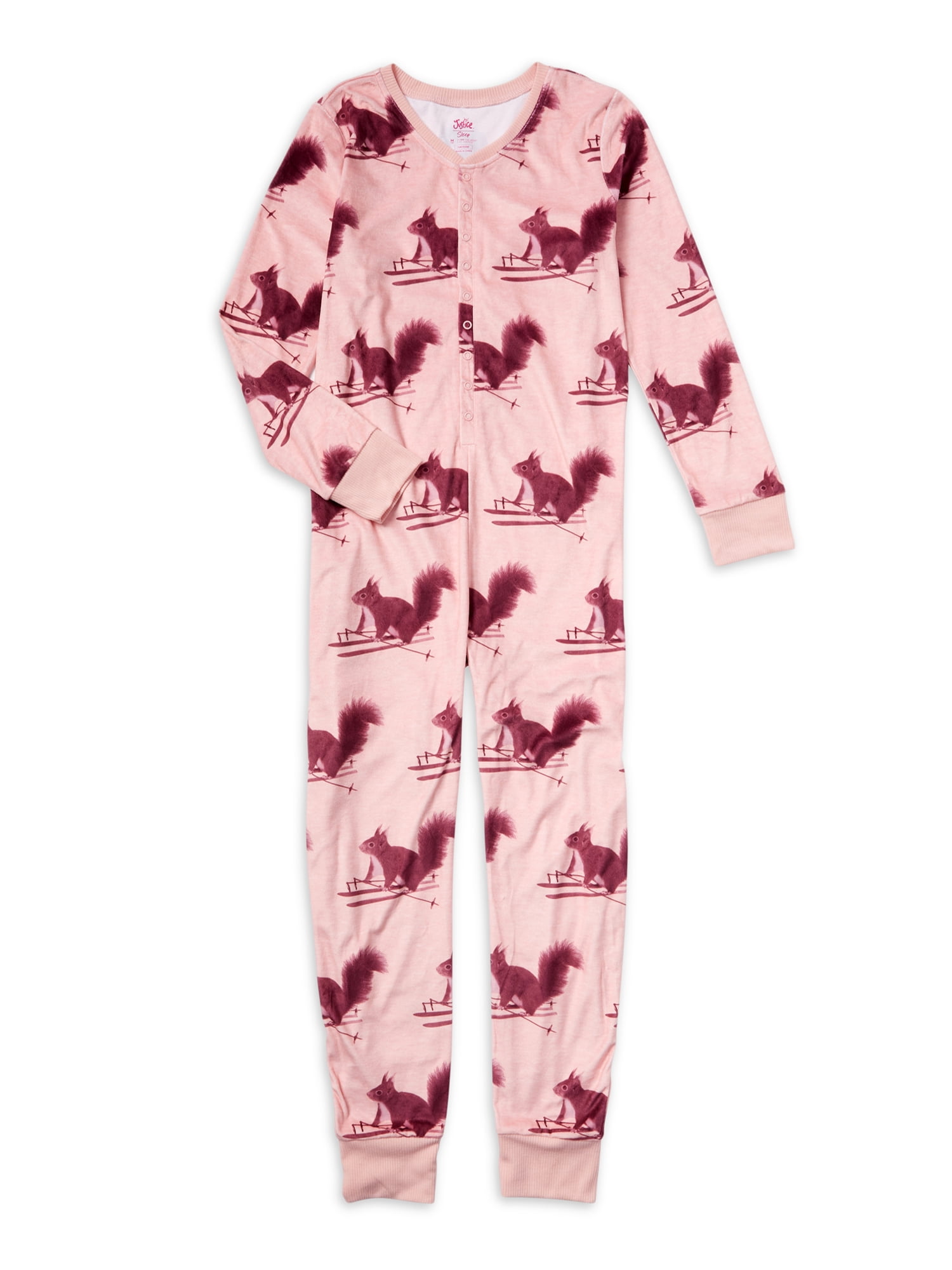 Justice Girls Medium 10 Pink Skiing Squirrel Fleece Pajamas One Piece  Sleeper