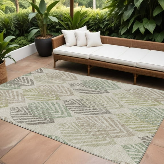 HomeRoots 584401 8 x 10 ft. Floral Washable Indoor & Outdoor Rectangle Area Rug, Beige, Taupe & Artichoke Green