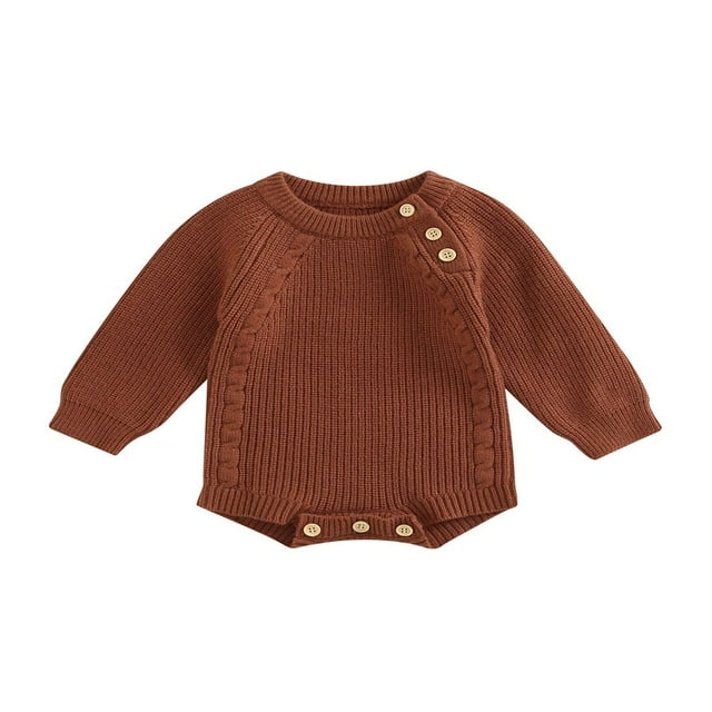 Infant Baby Knitting Jumpsuit Solid Color Ribbed Long Sleeve Crew Neck Button Closure Romper for Boys Girls
