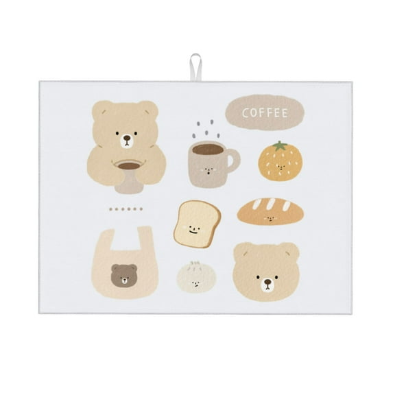 Microfiber Drying Mat, Cartoon Bear Coffee Prints Dish Drying Mat for Kitchen Counter, 18 x 24 inches