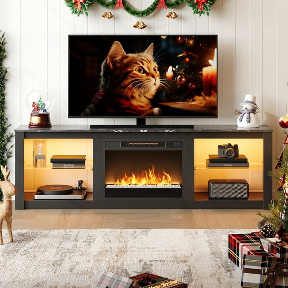 Bestier Modern Electric Fireplace TV Stand for TVs up to 75" with LED Light, Black Marble