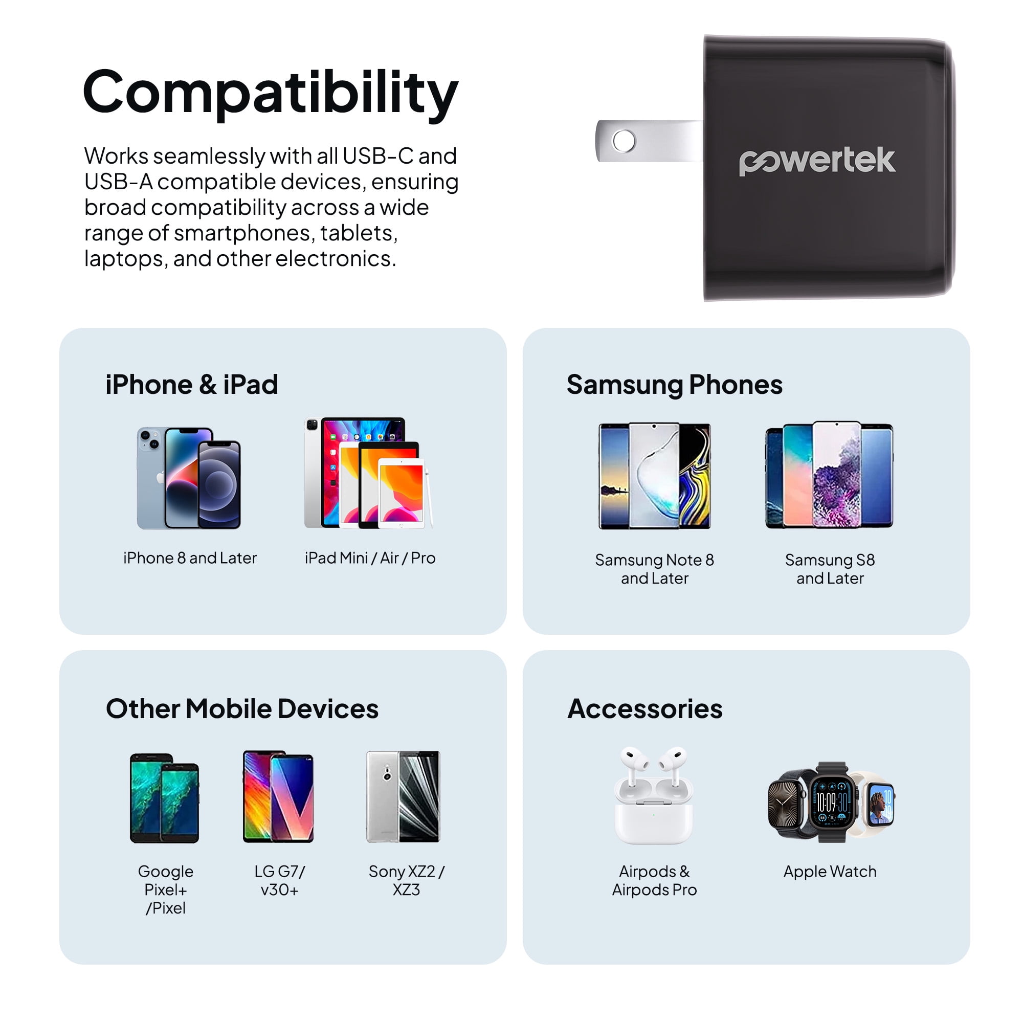 Powertek Luxe 20W USB-C + 18W USB-A Fast Charging Dual Port Block, Black, Compatible with iPhone, Android, Tablets & USB Devices, Compact Travel Adapter