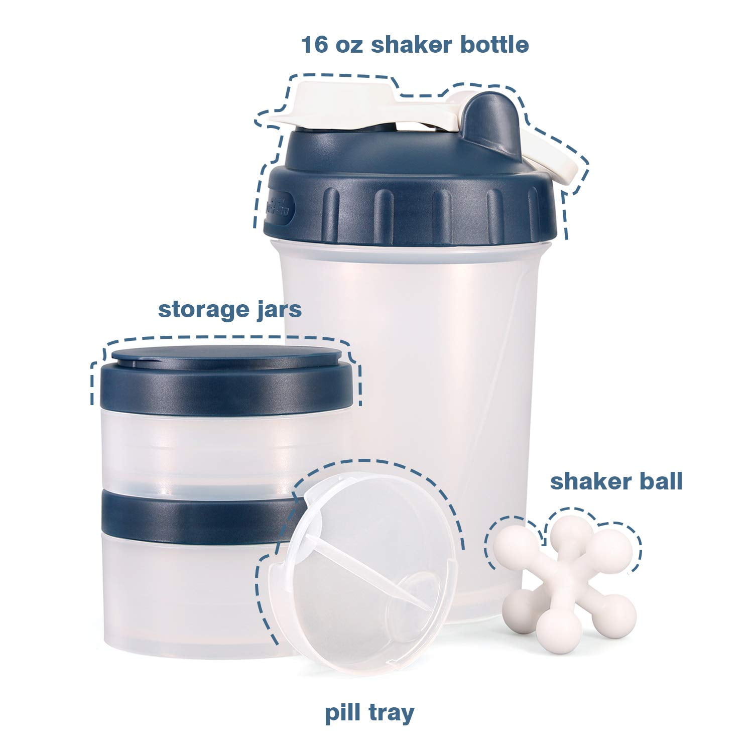 16 OZ Protein Shaker Bottle with Mixer Ball and 2 Interlocking Storage Jars for Pills,Protein