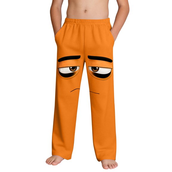 Boys Orange Sweatpants Funny Cartoon Face Print Pants for Kids, Soft Stretchy Casual Pants with Pockets Elastic Waistband Kids Boy Big Kid Ages 4-14,Size 6 T