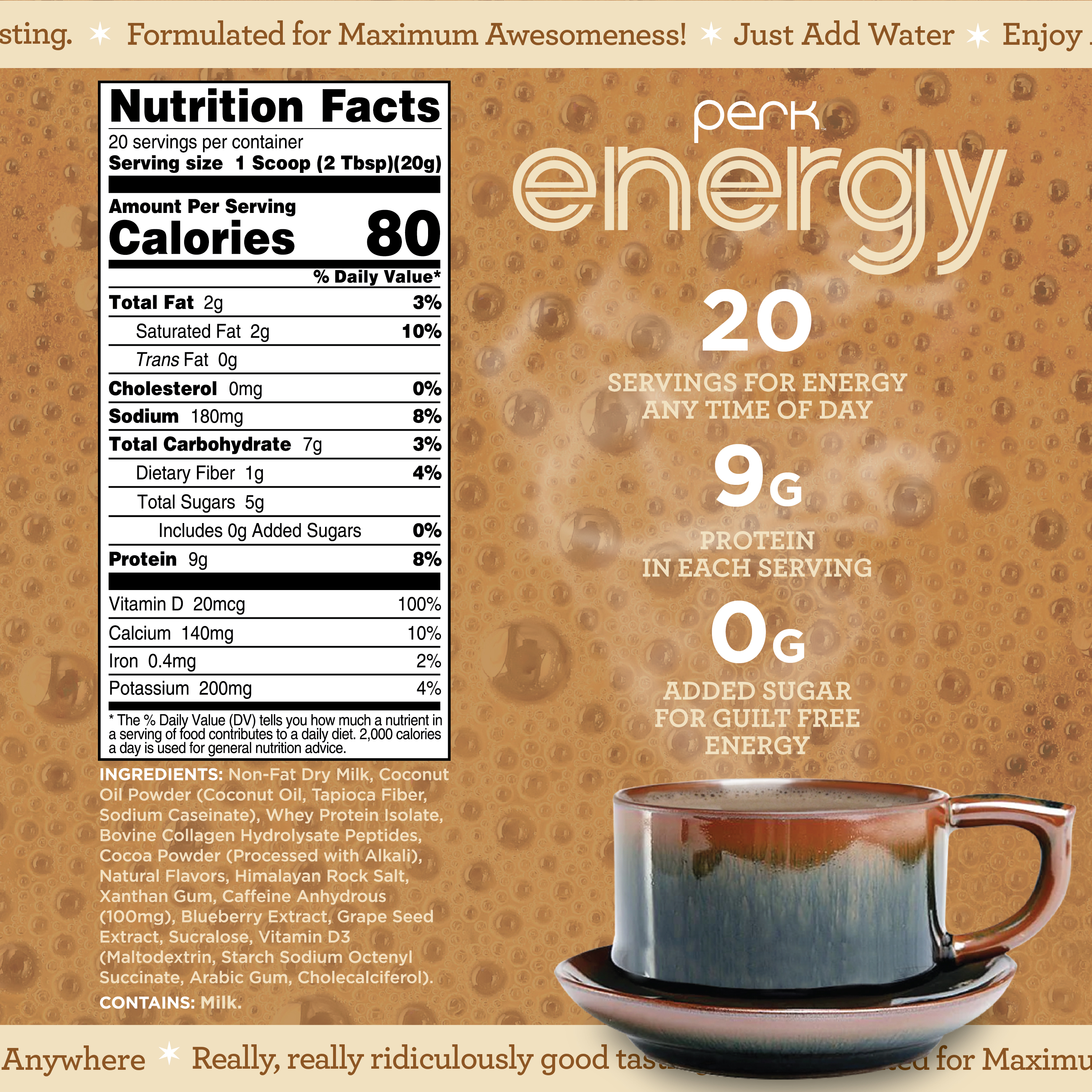 Perk Energy Drink Mix (Tan Mocha Latte) 20 Servings - Caffeinated Healthy Coffee Alternative with Protein, 100mg of Caffeine, Gluten-Free, Soy-Free