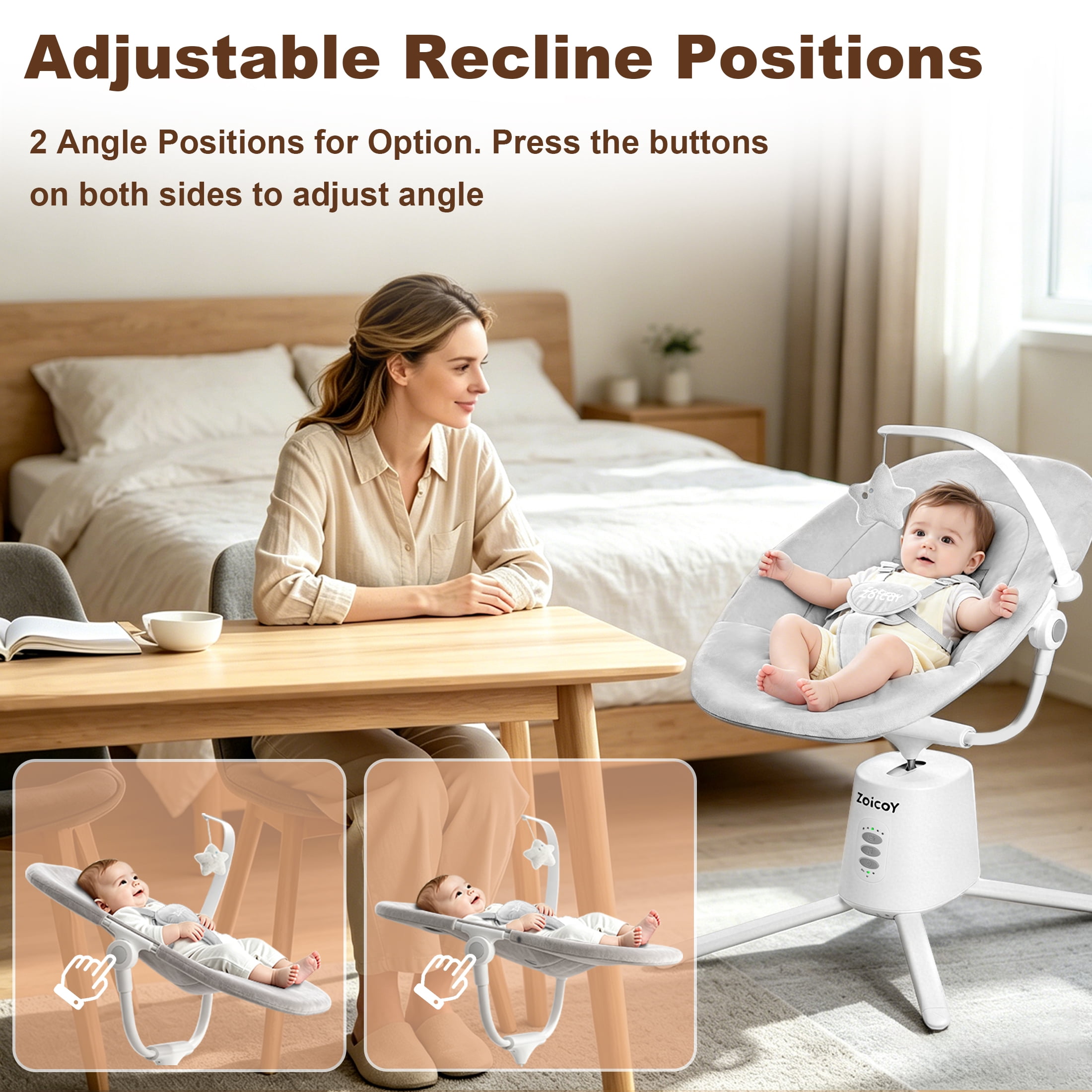 Zoicay Electric Baby Swing with App Remote Control, 5 Speeds 3 Sway Modes, Bluetooth Music, 5-Point Harness Infant Swing, White