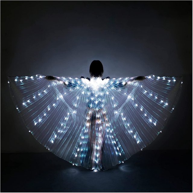 Luces LED Alas de Isis para danza del vientre - Alas de danza del ángel resplandecientes para danza del vientre con palos telescópicos Varillas flexibles para adultos y niños Blanco