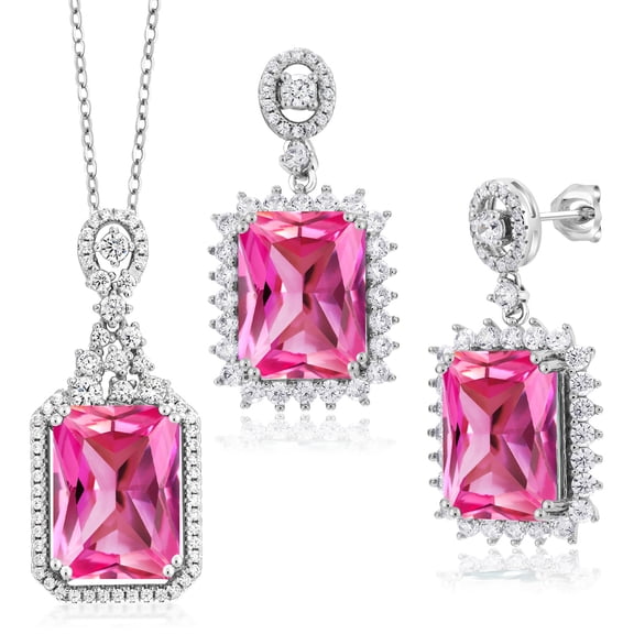 Gem Stone King 925 Sterling Silver Pink Created Sapphire Pendant and Earrings Jewelry Set for Women (31.10 Cttw, Octagon 14X10MM, Gemstone, with 18 inch Chain)