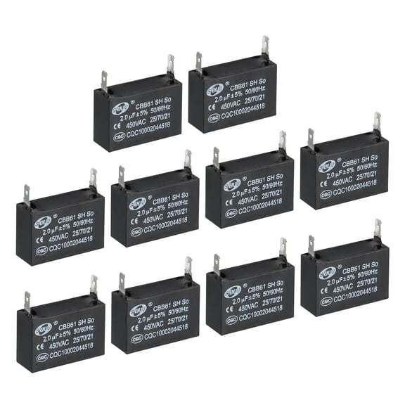 CBB61 Ceiling Fan Capacitor, 10Pcs 2uF 450V AC 50/60HZ with 2pins 37x26x24mm