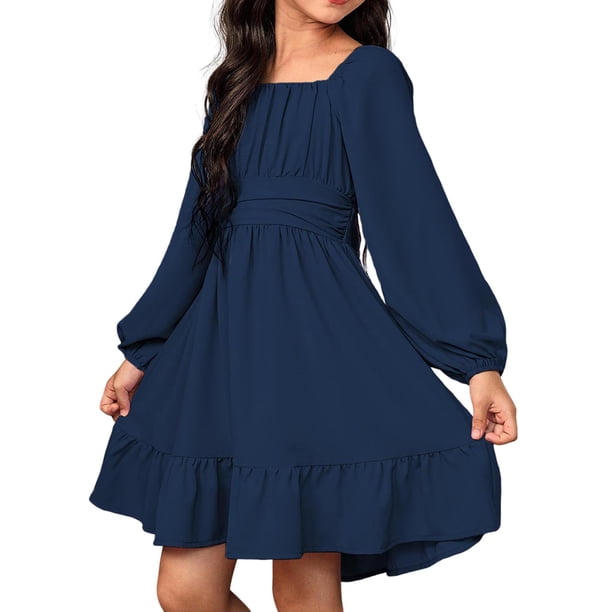 Vestido Largo de Manga Larga de Color Sólido de Moda Y Cómodo para las Niñas con Falda Plisada de Cinturón para Diario, Viajes, Vacaciones, Fiestas de Cumpleaños