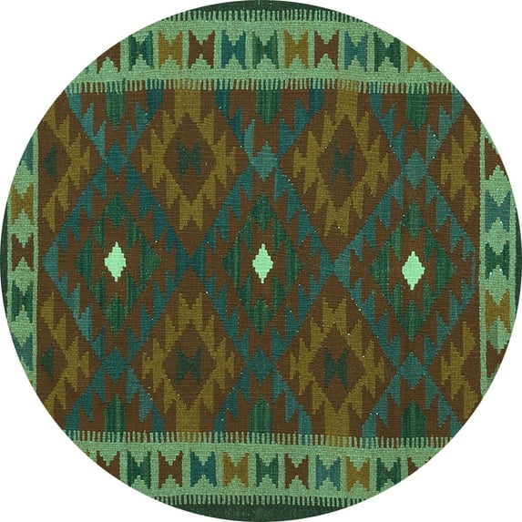 Ahgly Company Machine Washable Indoor Round Oriental Turquoise Blue Traditional Area Rugs, 8' Round
