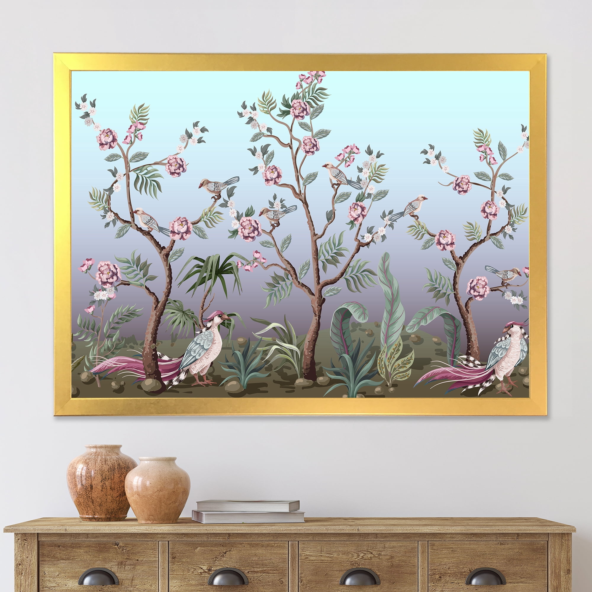 Designart 'Chinoiserie With Peonies and Birds II' Traditional Framed Art Print