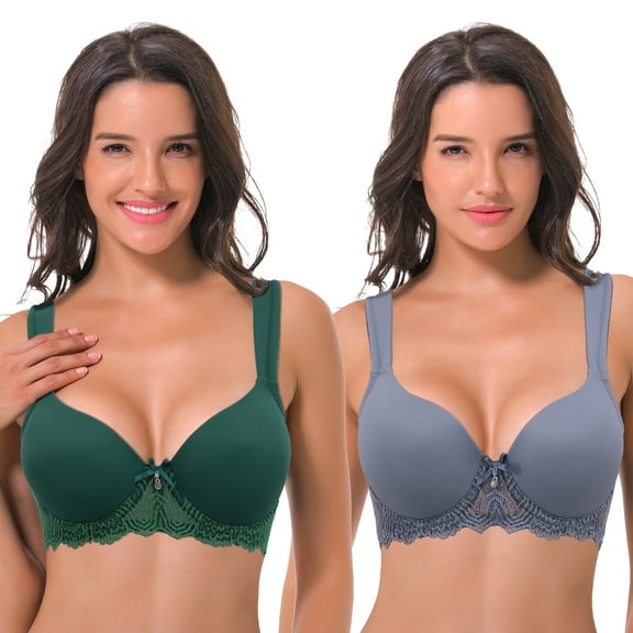 Curve Muse Women's Lightly Padded Underwire Lace Bra with Padded Shoulder Straps-2PK-GRAY-BLUE, DARK GREEN-34B