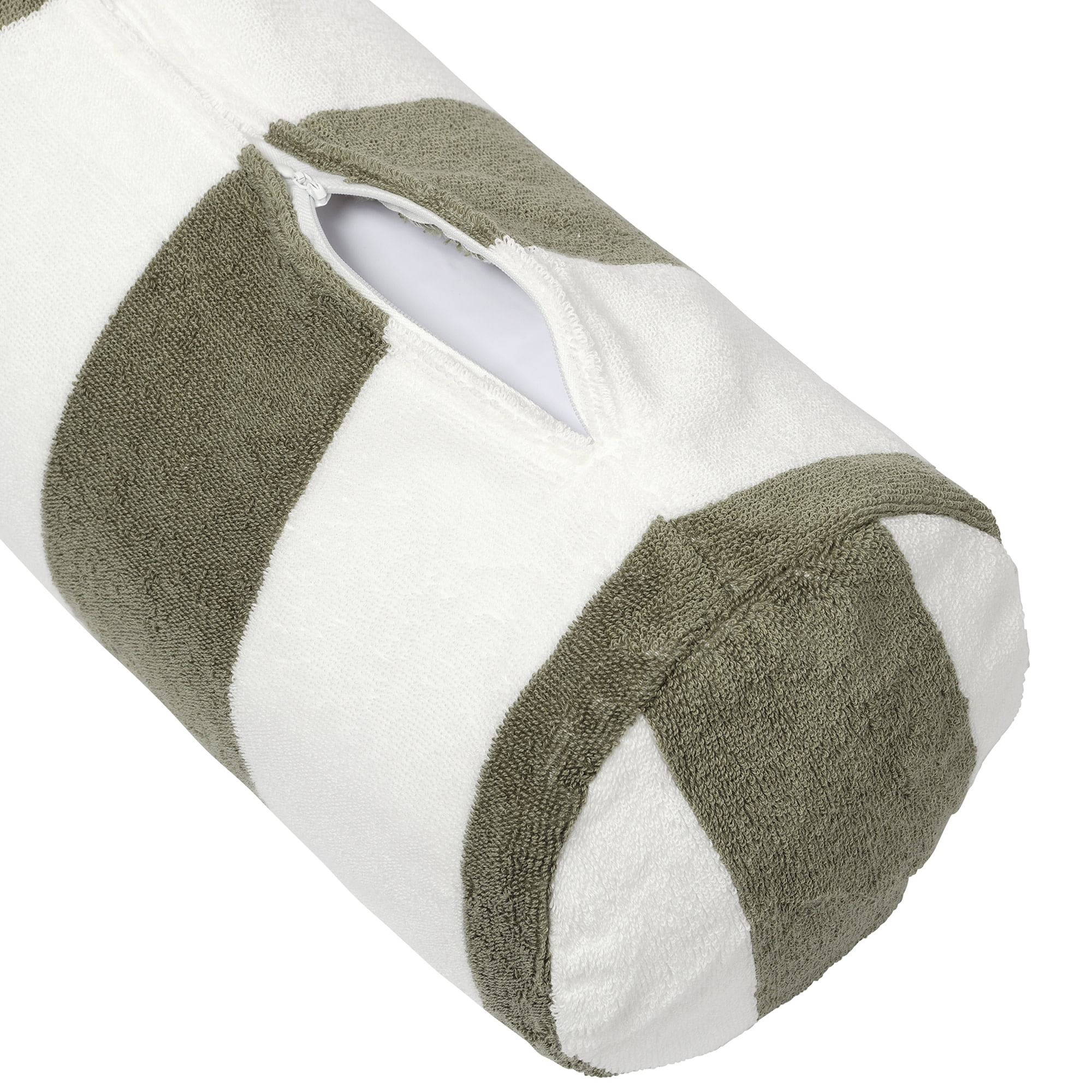 Sunnylife: Inflatable Beach Pillow - The Vacay Olive Stripe - 14x6" Cylinder Neck Pillow, 450gsm Terry Toweling Removable Cover, Pool-Sand-Outdoor