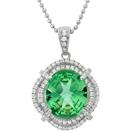 5th & Main Platinum-Plated Sterling Silver Oval Double-Cut Green Obsidian Pave CZ Pendant Necklace