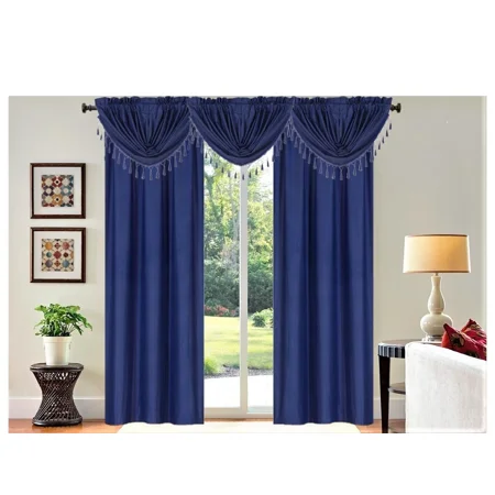 Gorgeous Home Linen 5-Piece Navy Blue Blackout Microfiber Curtain Set with 2 Panels and 3 Waterfall Valances R64 84"