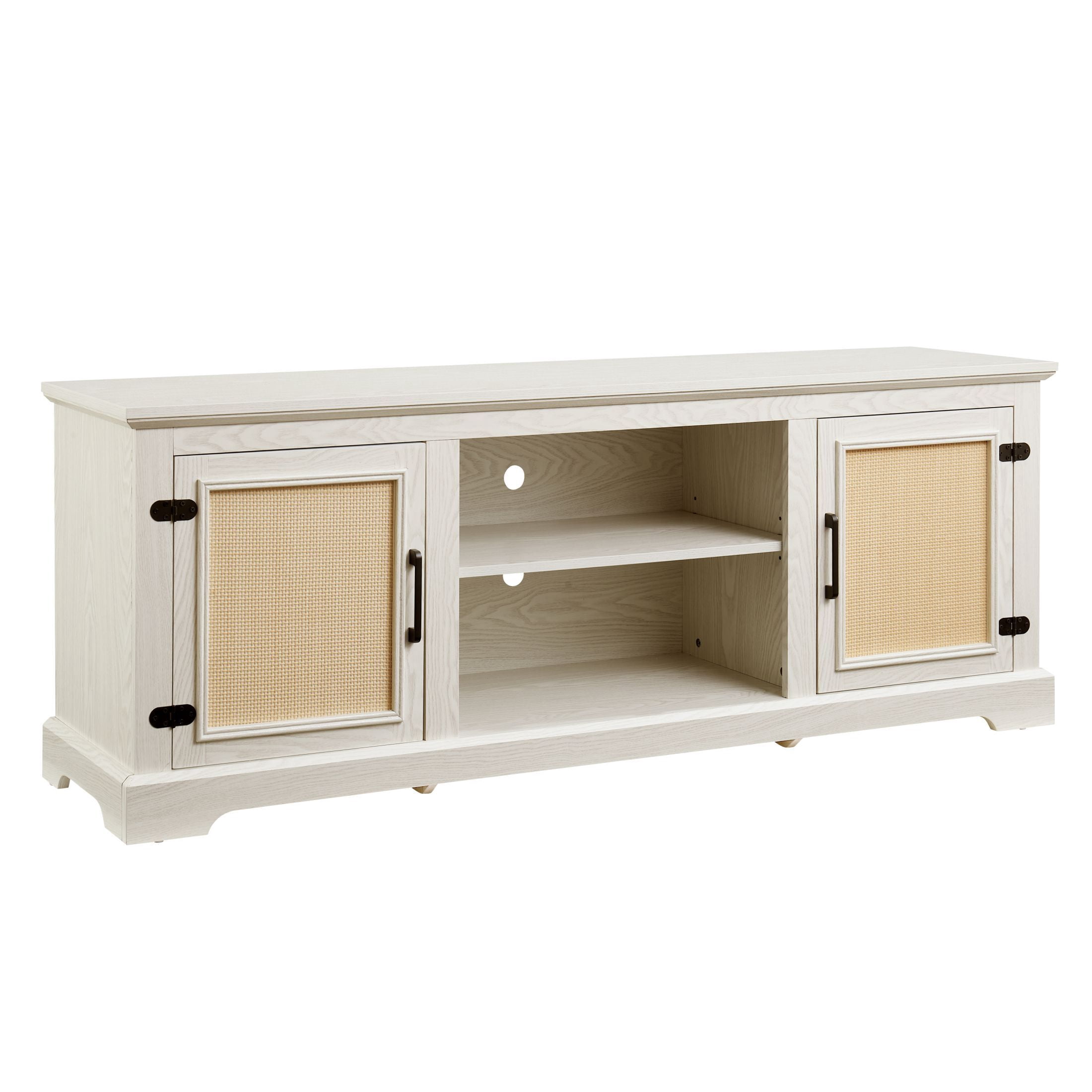 DEALTOPS Farmhouse TV Stand with Rattan Doors and Adjustable Shelves for TVs Up to 70'', Antique White