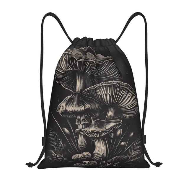 Xecao Monochrome Mushroom Artwork Pattern Sports Drawstring Backpack - String Swim Gym Bag with Wet Proof Pocket for Women&Men-Medium