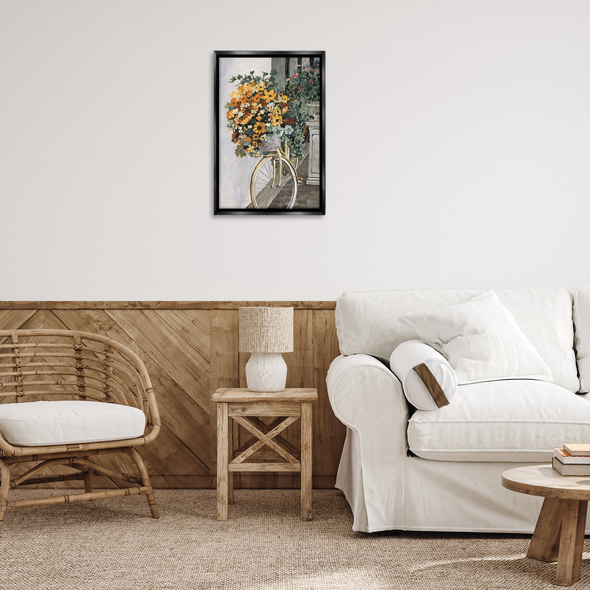 Stupell Industries Bouquet on Bicycle Botanical & Floral Painting Black Floater Framed Art Print Wall Art, 17 x 25