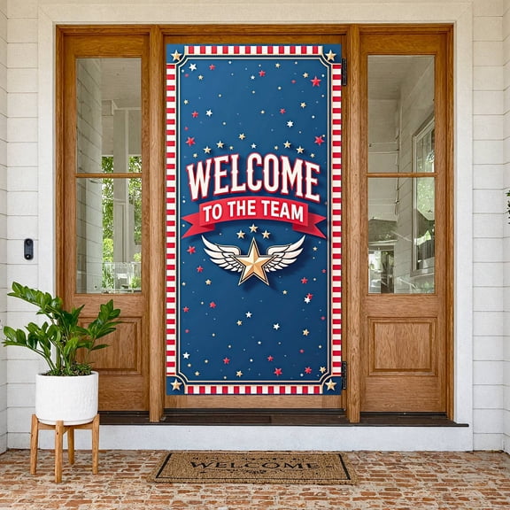 Retro  Welcome Team Banner Red & Gold Winged Star Backdrop Navy Blue Confetti Decor for Office Welcome Party New Hire Onboarding Workplace Celebration