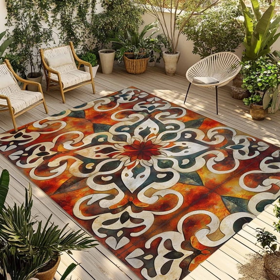 Burnt Orange Green Outdoor Rug 4x6 Ft - Reversible Patio Rug Outdoor Camping Rugs, Vintage Abstract Flowers Washable Indoor Outdoor Area Rugs, Non-Slip Outdoor Carpet Runner for Deck/Porch
