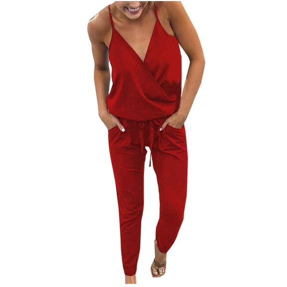 hotojiny Jumpsuits for Women Sleeveless Strap V Neck Loungewear Rompers Casual Solid One-Piece Pants Romper with Pockets