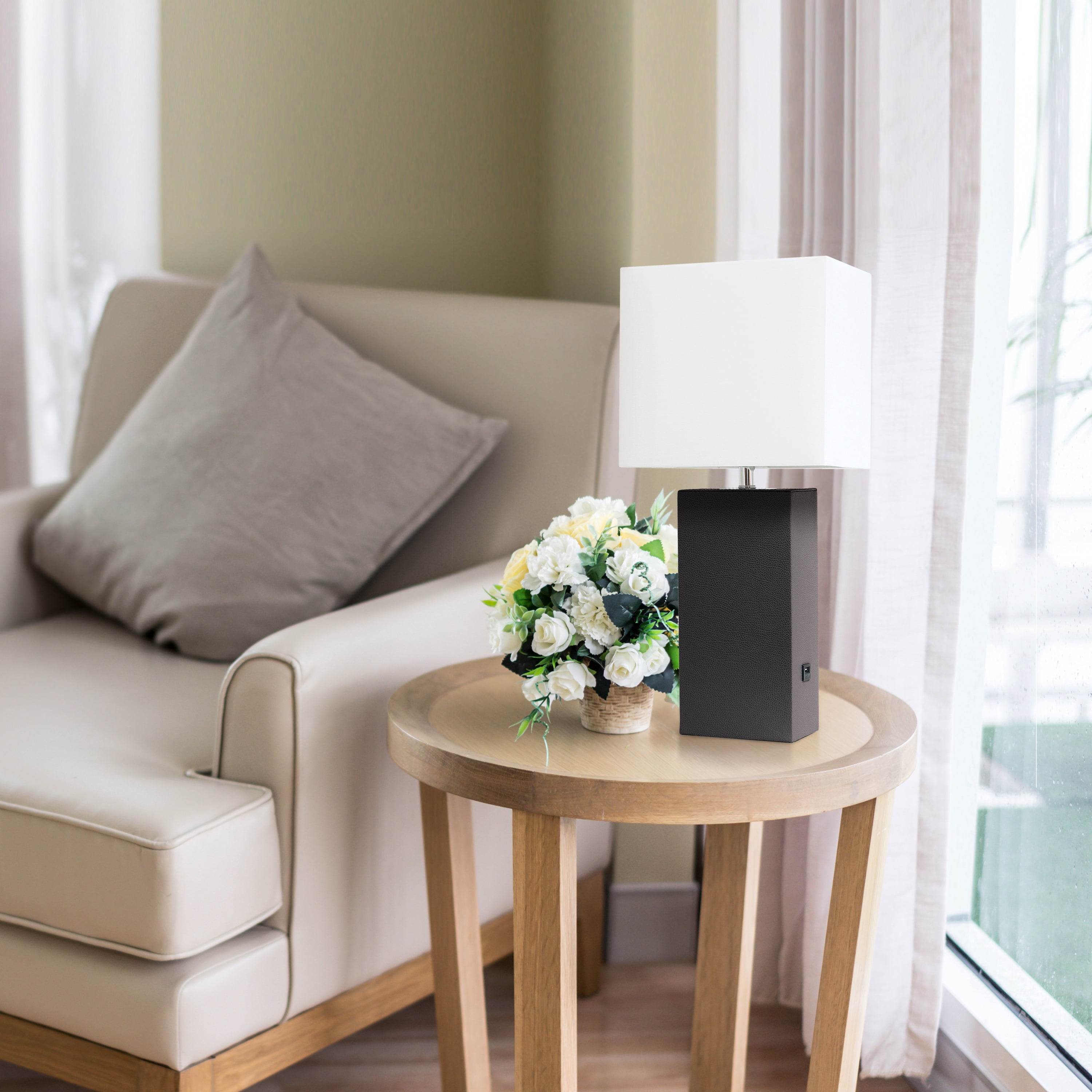 Lalia Home 21" Leather Modern Bedside Table Lamp with USB Port and LED Bulb, Brown