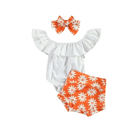 

TheFound Lovely Baby Girls Clothes 3pcs Off Shoulder Short Sleeve Solid Romper+Flowers Shorts Headband Sets