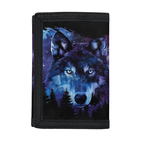 Chririnla Cosmic Wolf Pattern Lightweight Kids Trifold Wallet, Stretch Polyester Children's Wallet Magic Stiker Trifold Card Wallet for Sports Daily Use