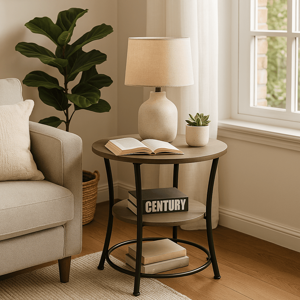 Homy Casa Round End Table with Storage Shelf for Living Room Sofa Side and Small Space, Brown