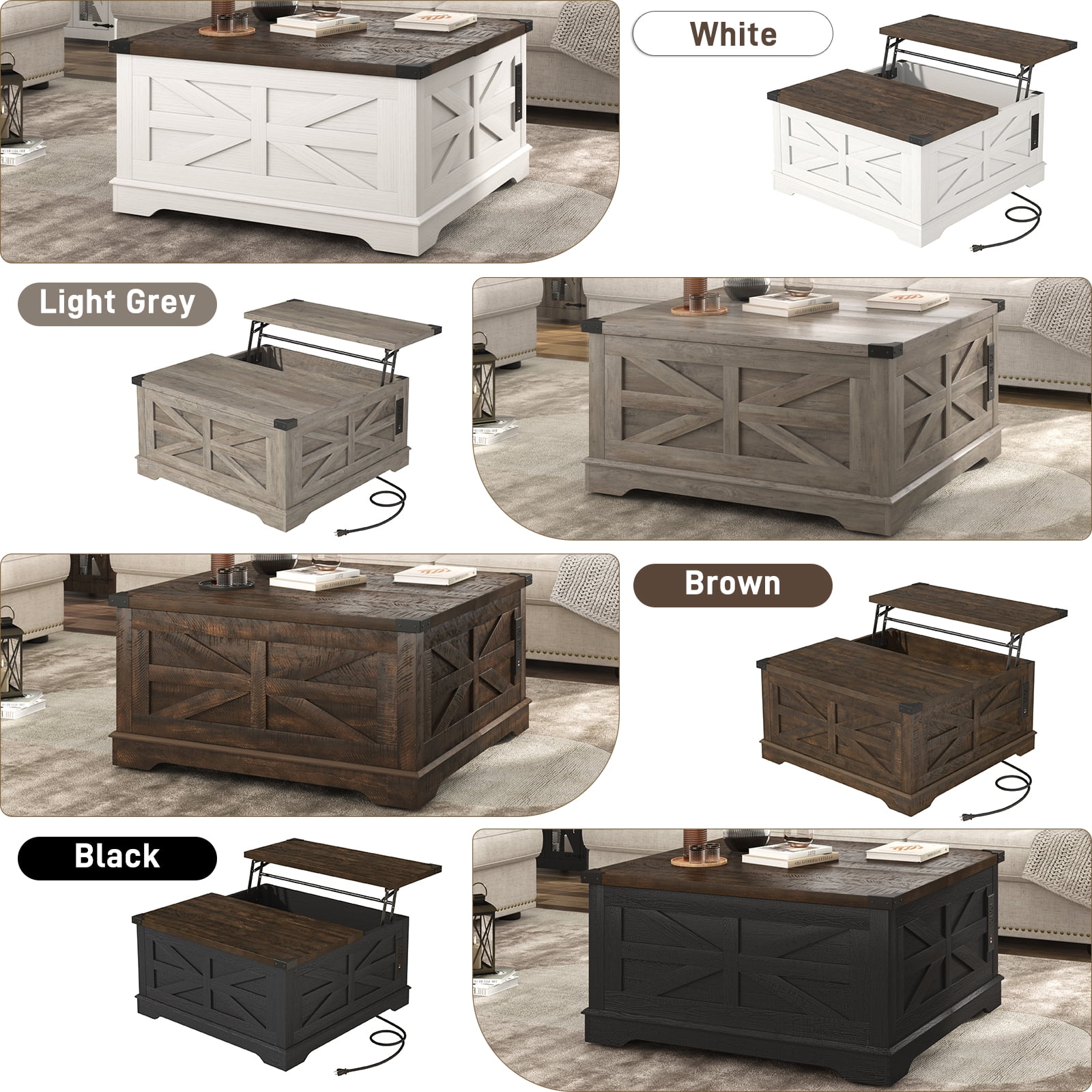 ANPOO 36" Movable Lift Top Coffee Table with Storage & Power Outlets, Farmhouse Square Coffee Table w/Wheels & Large Hidden Space, Wooden Center Table for Living Room(Black/36")
