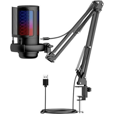 Gaming USB Microphone for PC, RGB Condenser Microphone with Boom Arm, USB Mic with Quick Mute, Boom Arm, Pop Filterm, RGB Indicator, Shock Mount, Rotate gain Button, Compatible with PS4/5/PC