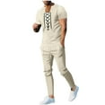 thumbnail image 2 of Aueoeo Men's Short Sleeve Shirt & Pants Sets Summer Two Piece Outfits Front Lace Up Tracksuit Casual Athletic Sports Suits, 2 of 9