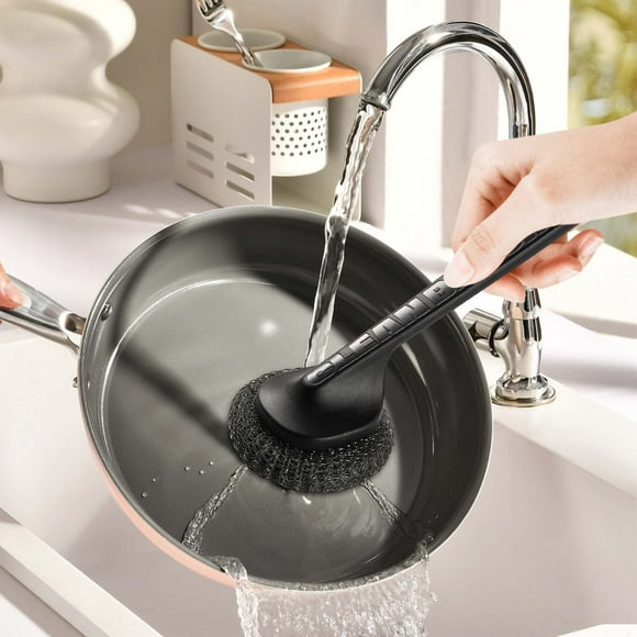Estropajo De Acero Inoxidable Para Ollas Y Sartenes, Bola De Limpieza Resistente Con Mango Ergonómico, No Se Desprende Y Es Reemplazable Para Grasa Difícil Y Restos Quemados.,Vsgery