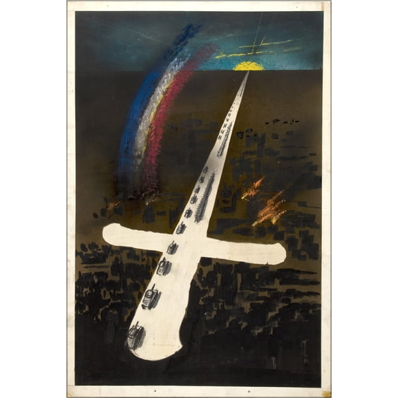24"x36" Gallery Poster, INF3 305 Unity of Strength Tanks pointing into sun on horizon, with a rainbow overhead