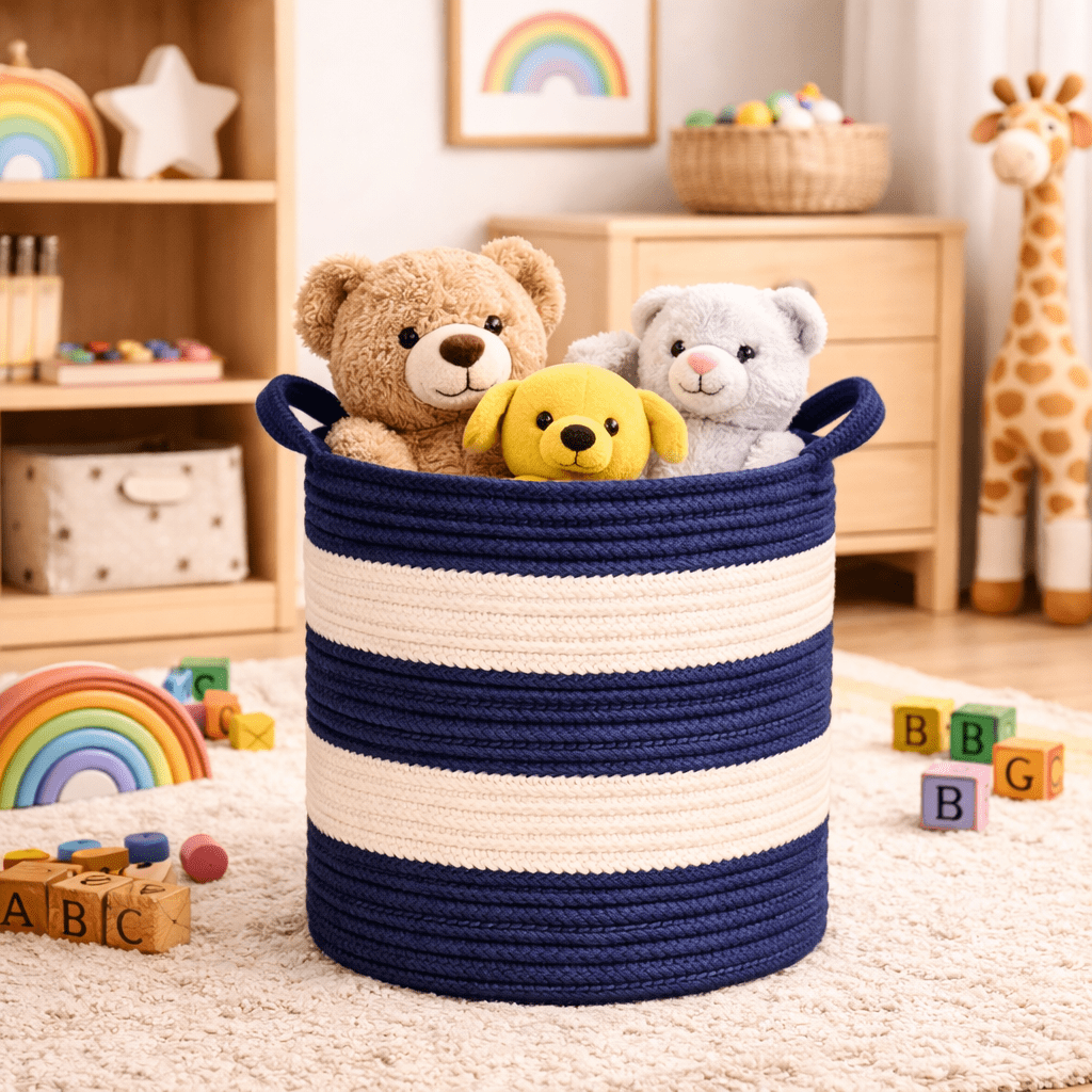 Medium Cotton Rope Baskets with Handles Woven Baskets Rope Bins 12.2x11.8" Laundry Hamper Nursery Baskets , Navy Blue and White