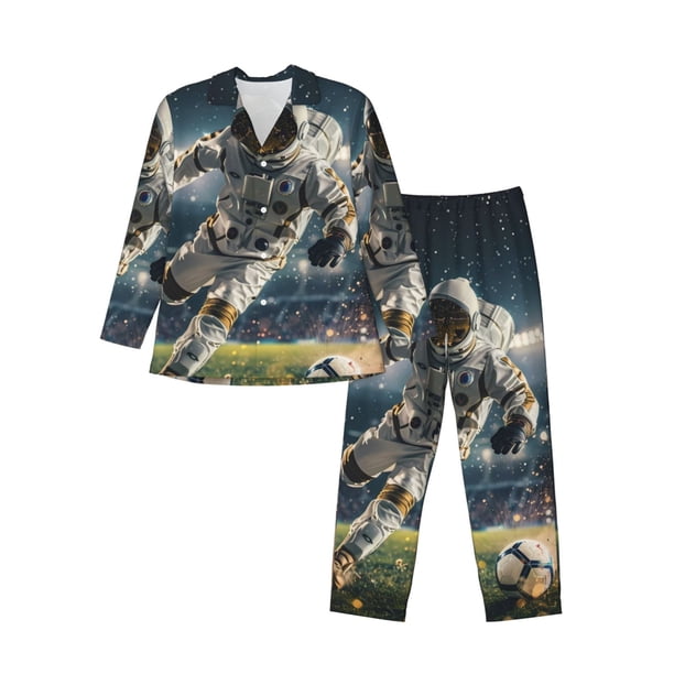 Fotbe Astronaut Soccer Field Pijama de Hombre con Estampado de Manga Larga, Conjunto de 2 Piezas, Ropa de Dormir Suave y Cómoda con Bolsillos-Small