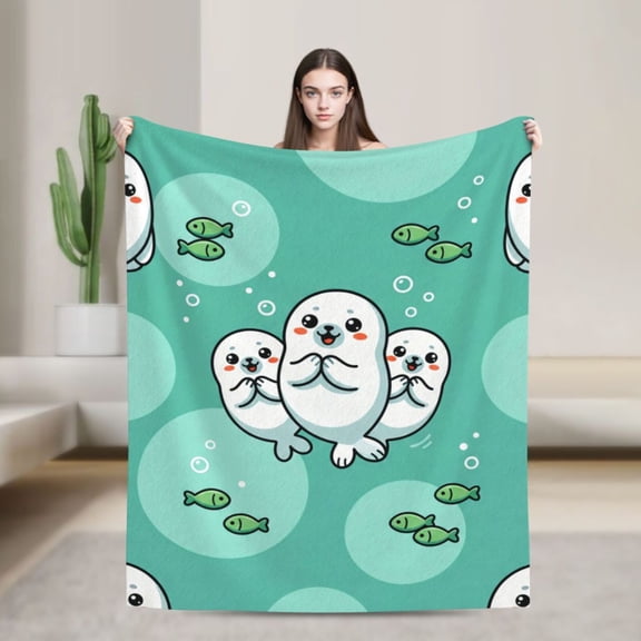 Seal Throw Blanket, Whimsical Artistic Seal Printed Blanket for Couch Sofa, Cozy Warm Bed Decor 50x40