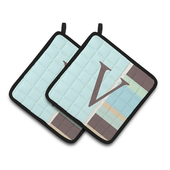 Letter V Initial Monogram - Blue Stripes Pair of Pot Holders