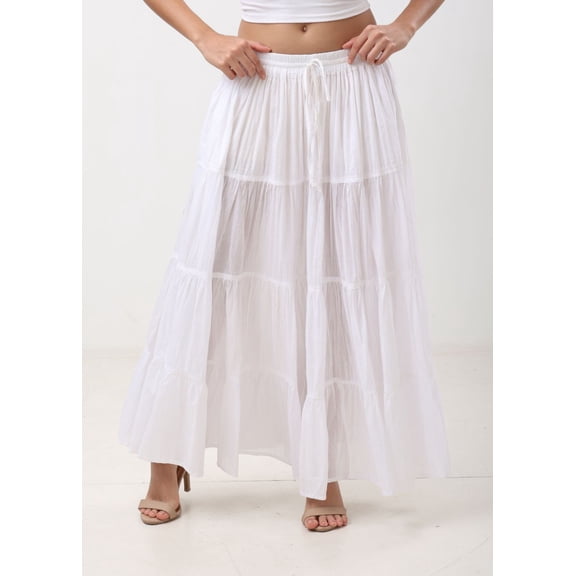 Sunzeyvora Women’s Cotton Tiered Maxi Skirt – Long Flowy Boho Skirt with Elastic Waist - Without Pockets