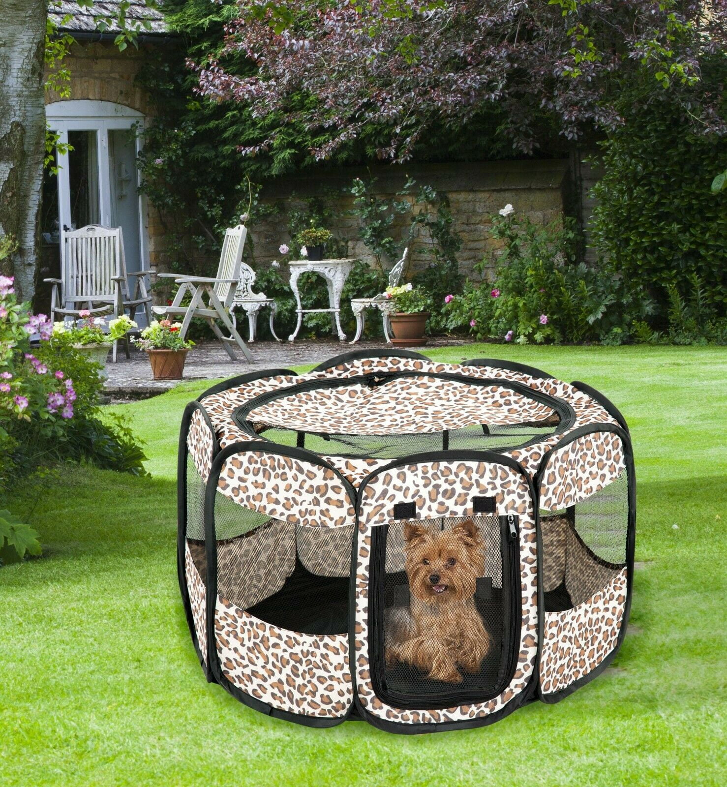 Portable Dog Tent Pen -  Outdoor & Indoor Puppy Playpen - Play Tent Enclosure -Leopard Print