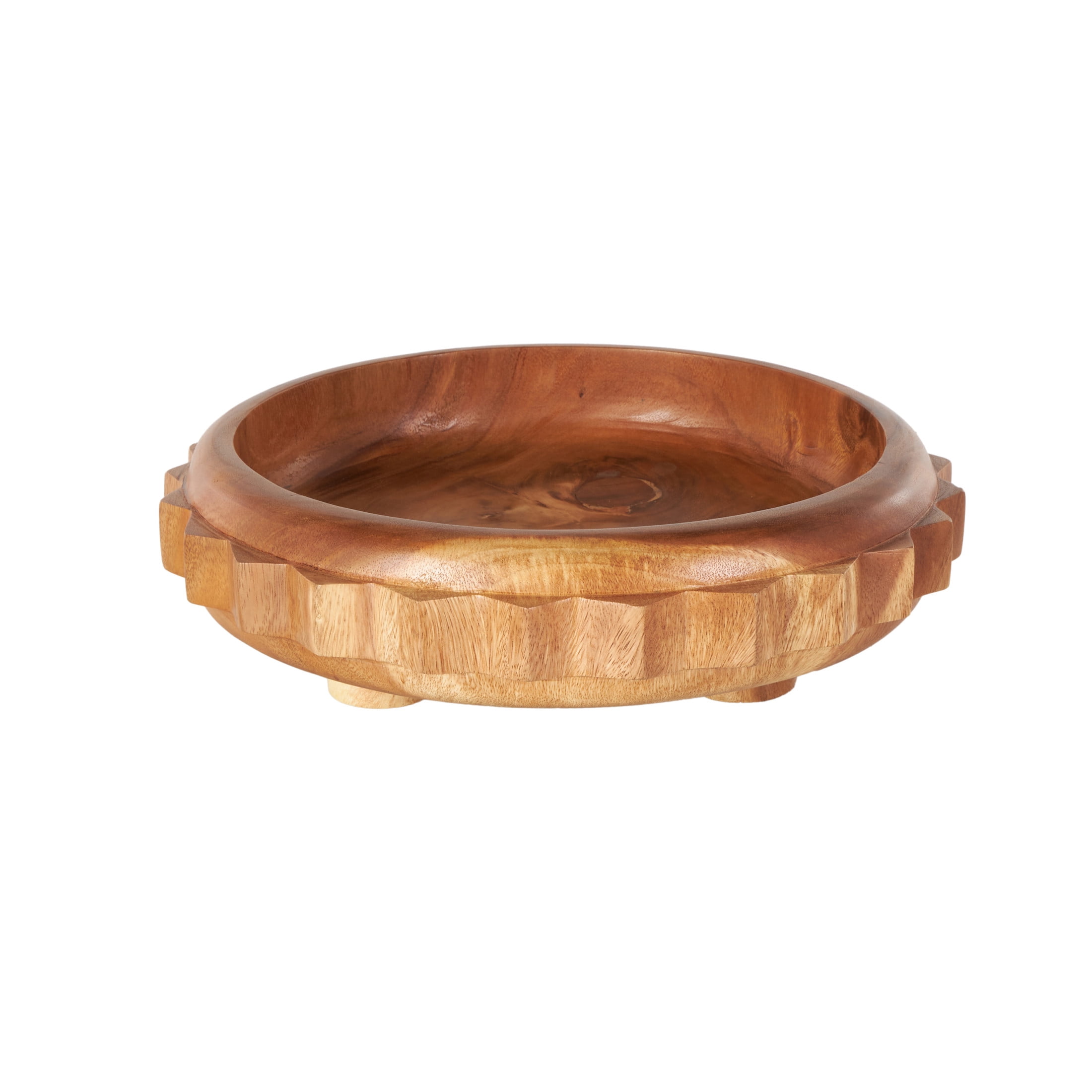 DecMode 18" Handmade Round Gear Brown Wood Decorative Bowl with Peg Leg