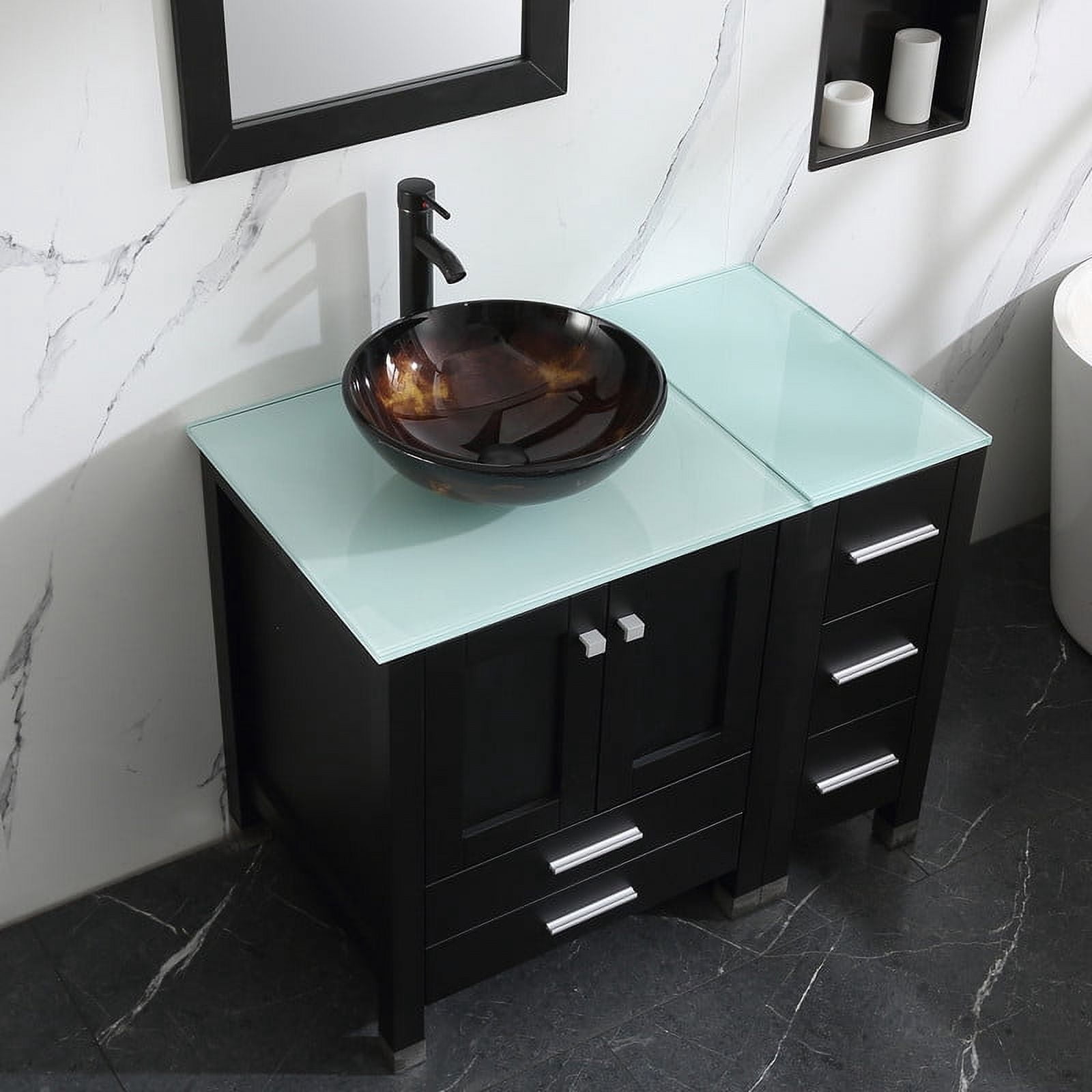 Walsport 36" Luxurious Wood Bathroom Vanity Cabinet Round Tempered Glass Vessel Sink Bowl ORB Faucet Drain Combo Design with Mirror Modern Vanities Set,Black