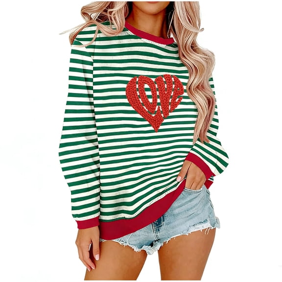 Valentine Sweatshirts for Women Long Sleeve Heart Sweater Pullover Casual Striped Crewneck Valentines Day Shirts, 2XL Red