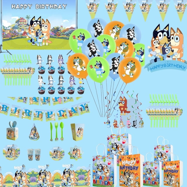 bluey-vajilla desechable para fiesta de cumpleaños, set desechable de platos y vasos de papel para niños con estampados de personajes Bluey, incluye servilletas, gorros, banderines, bolsas de regalo y globos, vista frontal amplia sobre fondo azul.