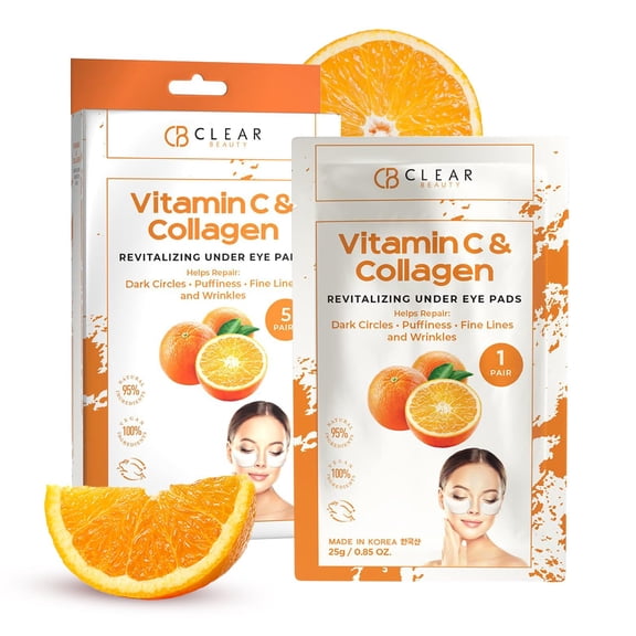 Clear Beauty Vitamin C & Collagen Under Eye Patches – Reduces Dark Circles, Puffiness & Fine Lines – Hydrating & Firming Eye Pads – Dermatologist Tested, Korean Skin Care – 5 Pairs