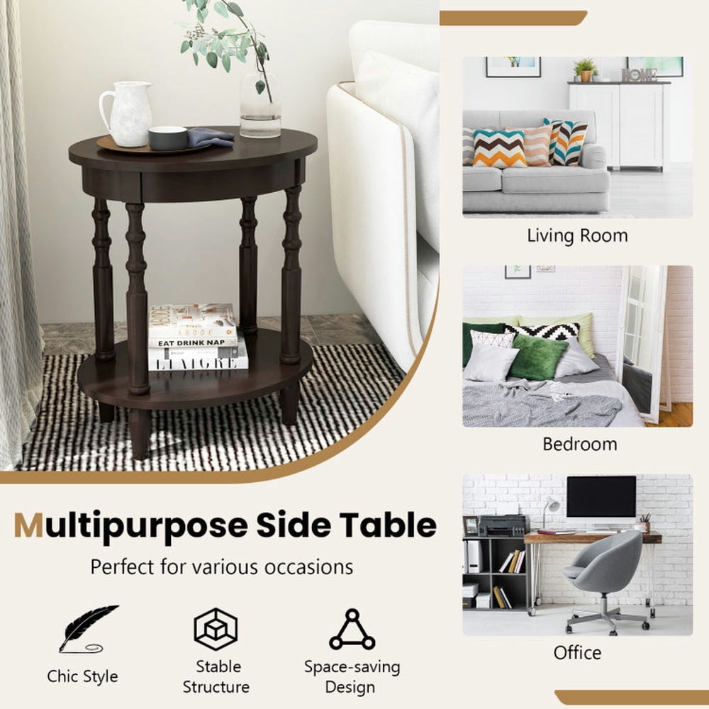 Finihen End Table, Oval End Table, 2-Tier Oval Side Table with Storage Shelf and Solid Wood Legs, Sofa Side Table, Bed Side Table, for Living Room, Bedroom, Espresso Finihen End Table, Oval End Table, 2-Tier Oval Side Table with Storage Shelf and Solid Wood Legs, Sofa Side Table, Bed Side Table, for Living Room, Bedroom, Espresso