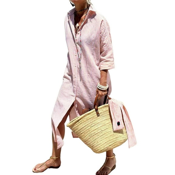 Women'S Shirt Dress Casual Lapel 3/4 Sleeve Button-Down Collar Slit Tie Resort Maxi Dress Pink M