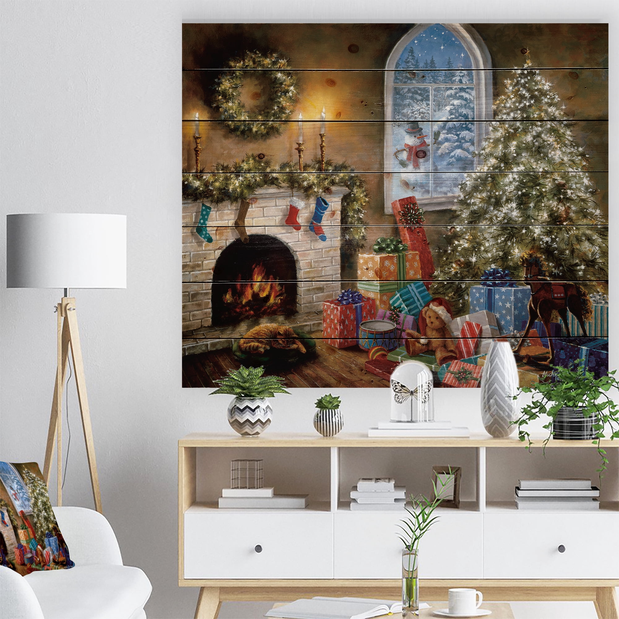 Designart 'Christmas Eve with presents by fire place ' Print on Natural Pine Wood
