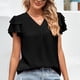 thumbnail image 2 of Camiseta de manga corta para mujer, cuello en V, manga con volantes, informal, cómoda camiseta de verano para uso diario, negro XL, 2 of 6